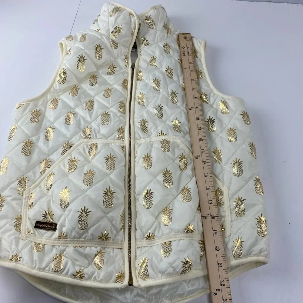 Simply Southern Womens Small Ivory Gold Pineapple Puffer Vest Full Zip Pockets - Picture 3 of 6